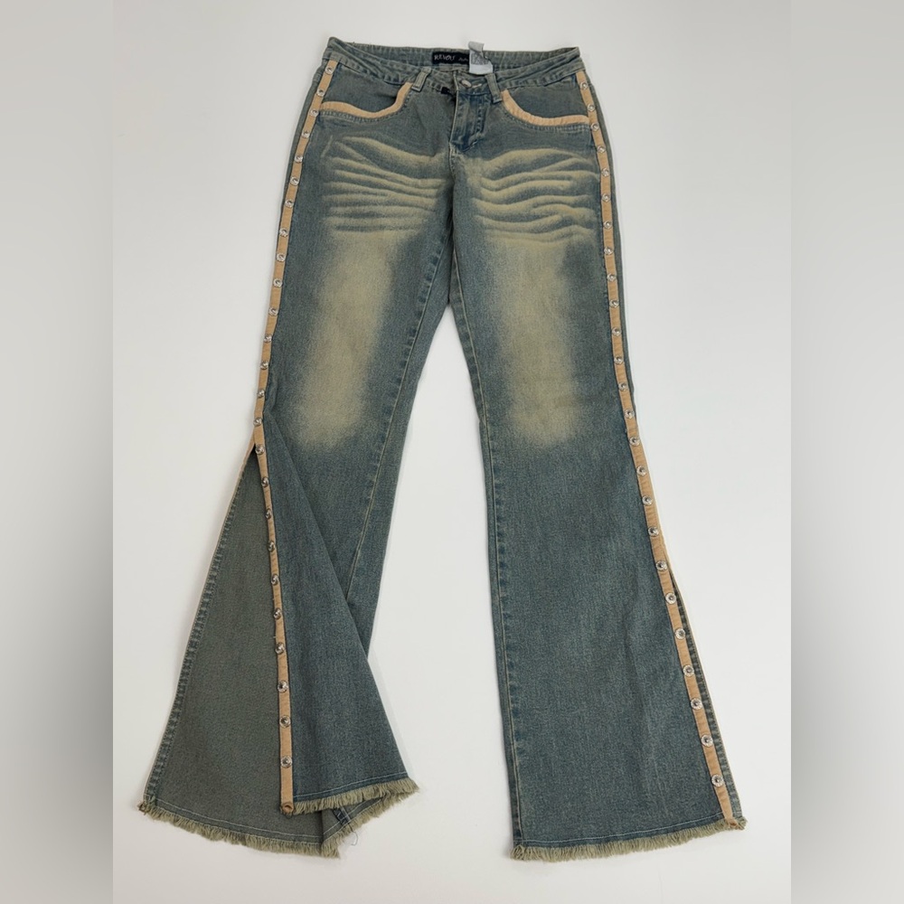 Vintage Revolt Jeans Co Y2K Flare Denim Sz 9 Slit Sides Snap Details Blue